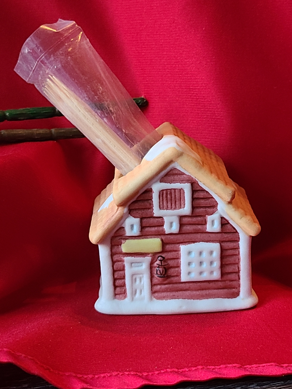 Vintage Red and Cream Ceramic House Toothpick Holder